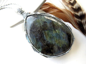 Colorful rainbow Labradorite healing gemstone necklace, macrame necklace, statement piece