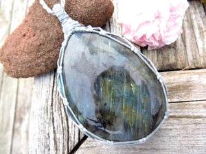 Colorful rainbow Labradorite healing gemstone necklace, macrame necklace, statement piece