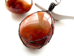 Bright orange Carnelian crystal necklace, macrame gemstone necklace, wrapped stone pendant necklace