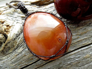 Bright orange Carnelian crystal necklace, macrame gemstone necklace, wrapped stone pendant necklace