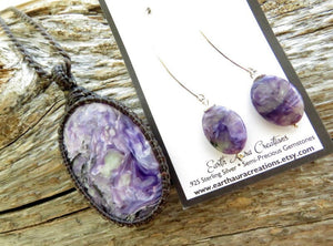 Charoite jewelry set, necklace and earring set, Charoite stone meaning, Charoite necklace, Charoite for sale, Charoite Etsy, Charoite Chakra