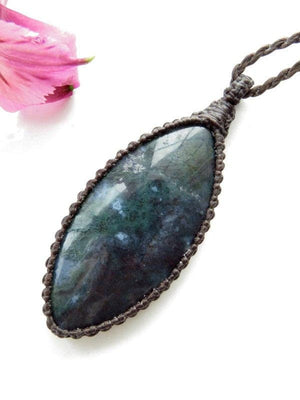 Beautiful marquis shape green Moss Agate gemstone necklace, macrame necklace, deep green with purple
