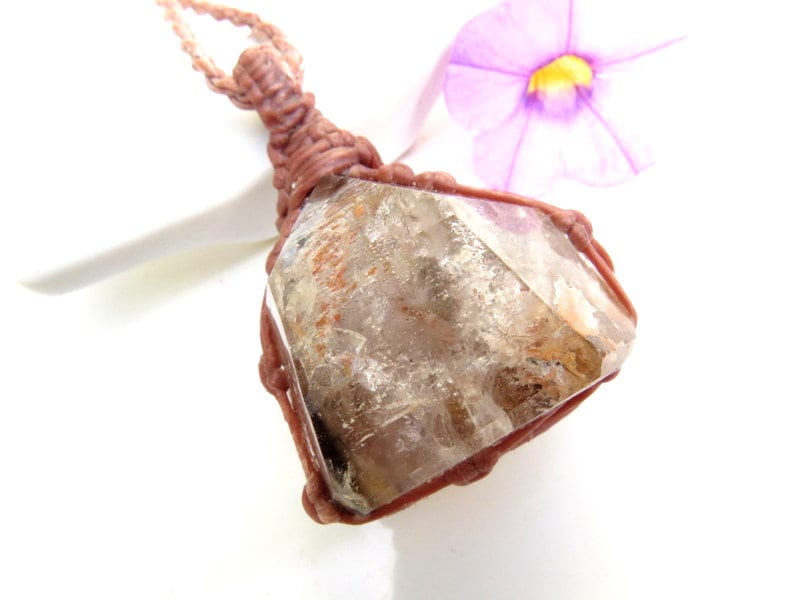Quartz crystal wrapped in light brown cord, Quartz crystal with colorful inclusions, macrame pendant necklace