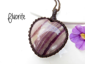 Purple Fluorite heart shaped macrame necklace jewelry christmas gift ideas heart necklace healing gifts for her macrame stone pendant