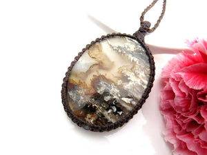 Moss Agate necklace, february gift ideas, mom gift ideas, agate jewelry, macrame necklace, girlfriend jewelry set, plume agate