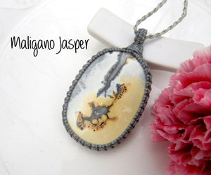 Unique gift idea, Maligano Jasper gemstone necklace, macrame necklace, jasper healing properties, jasper jewelry, jewelry gift ideas 