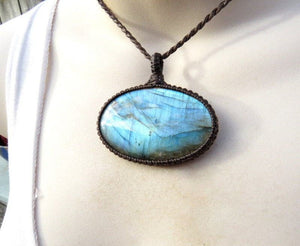 Bright blue oval shaped Labradorite necklace, boho style necklace, macarme necklace