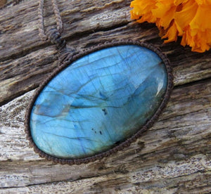 Bright blue oval shaped Labradorite necklace, boho style necklace, macarme necklace