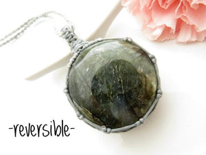 Colorful Labradorite gemstone necklace wrapped in silver gray cord, macrame necklace
