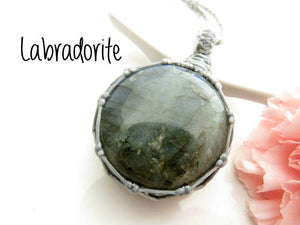 Colorful Labradorite gemstone necklace wrapped in silver gray cord, macrame necklace