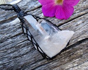 Clear Quartz crystal necklace, twin Quartz crystal macrame necklace wrapped in black cord