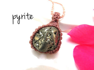 Pyrite crystal necklace, gold pyrite necklace, self-confidence crystals, meditation crystals, root chakra crystal, macrame necklace,