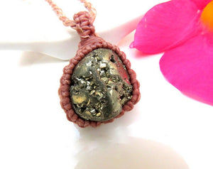 Pyrite crystal necklace, gold pyrite necklace, self-confidence crystals, meditation crystals, root chakra crystal, macrame necklace,