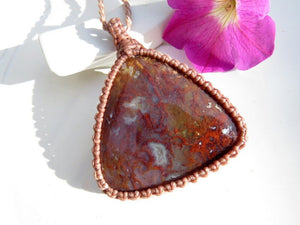 Red Moss Agate macrame necklace, red moss agate chakra, red moss agate stone, red moss agate meaning, moss agate healing properties