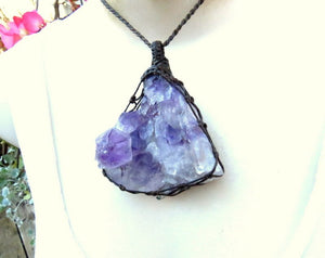 Amethyst necklace, amethyst crystal cluster, amethyst gemstone healing jewelry, statement necklace, statement jewelry, macrame necklace