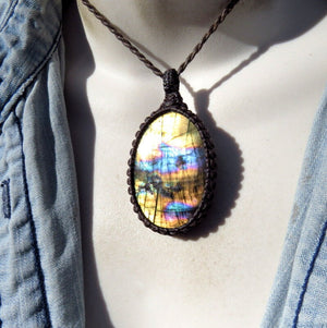Colorful rainbow Labradorite gemstone necklace, labradorite macrame necklace