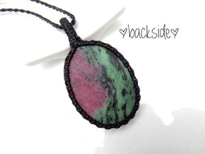 Ruby Zoisite Necklace, ruby zoisite meaning, ruby zoisite jewelry, macrame necklace, macrame jewelry, gemstone necklace, gemstone jewelry