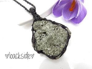 Twinkling Pyrite druzy crystal healing necklace, pyrite crystal jewelry, self care gift ideas, gold jewelry, macrame necklace, raw pyrite