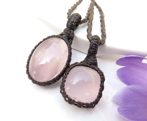 Mother's day gift ideas, Rose quartz necklace set, mother daughter necklace, best friend gifts, macrame jewelry, mother and daughter gift