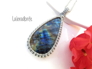 Macrame necklace, blue and orange flash Labradorite transformation necklace, labradorite necklace, healing gifts for women, mother's day