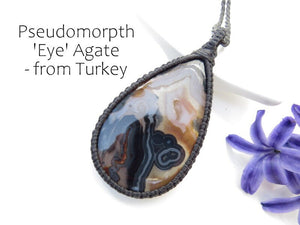 Unique Christmas gift, for her, for him, Pseudomorph Eye Agate, Macrame Necklace, agate necklace, eye agate gemstone, turkish agate,