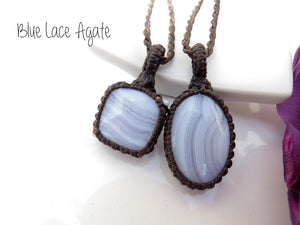 Blue lace Agate necklace set, blue lace agate gemstone, blue agate, blue lace, blue lace agate pendant, blue banded agate, macrame jewelry