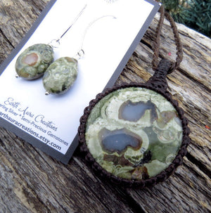 Rainforest Jasper necklace and earring set, jasper pendant, rhyolite earrings, sterling silver gemstone earrings, macame necklace