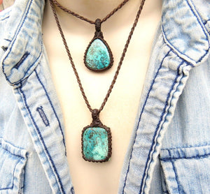 Azurite Stacking Necklace set, Layering Macrame necklace, Azurite jewelry, Crystal pendant, Macrame bohemian