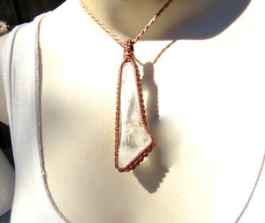 Stunning Quartz crystal macrame necklace wrapped in light brown cord, Quartz crystal is a unique shape - long and thin, very nice clarity