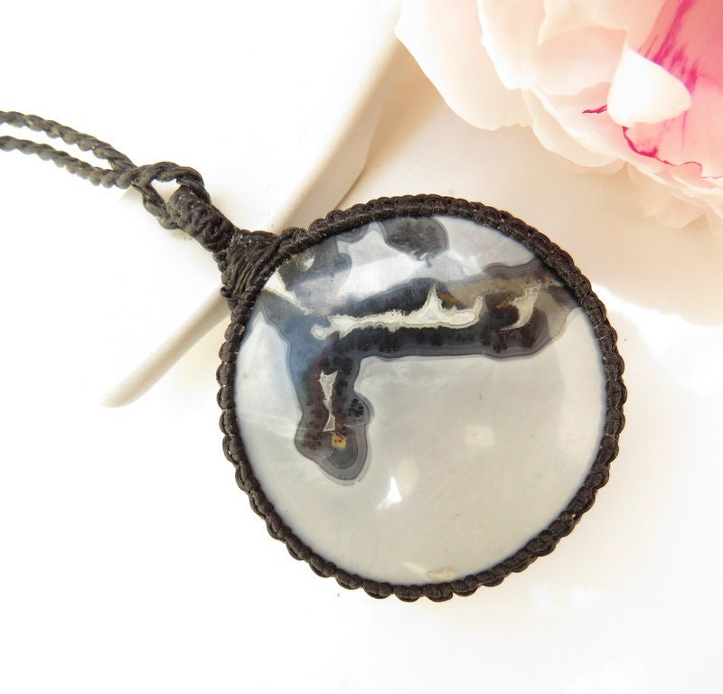 Gray and black Maligano Jasper gemstone necklace, Jasper with unique patterns wrapped in black cord