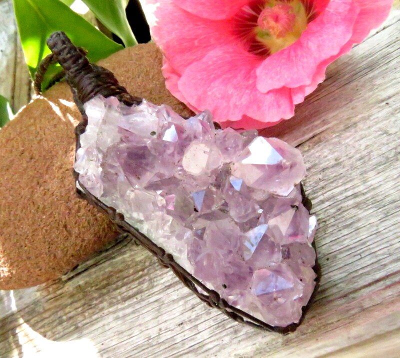 Gorgeous purple Amethyst crystal cluster necklace, amethyst macrame necklace, wrapped Amethyst pendant