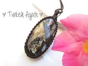 Designer cab Turkish Agate Gemstone Necklace, Rare Agates of the world, Agate jewelry, Macrame necklace, Earth Aura Creations, free shipping