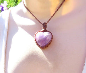 Amethyst necklace, macrame necklace, heart shaped pendant necklace, i love you gift ideas, for her, purple heart, cutesy charms, witchy