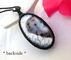 Macrame necklace, Dendrite Opal Necklace, care package gift ideas, agate necklace, merlinite pendant, black and white, gothic necklace