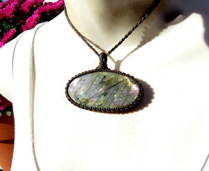 Rare Purple and Gold flash Labradorite, crushing goals necklace, serene energy, gemstone necklace, macrame stone jewelry, labradorite