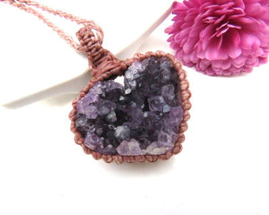 Purple Amethys druzy heart macrame gemstone necklace heart shaped birthstone necklace yogi gift ideas february birthstone necklace