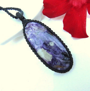Charoite Necklace Purple Gemstone Pendant Raw Crystal Natural Handmade Chakra Reiki Tribal Ethnic Boho Bohemian Hippie Gift for Her For Him