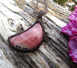 Rhodocrosite crescent moon macrame necklace rhodocrosite gemstone meaning moon necklace 50th birthday gift ideas for her celestial gift,