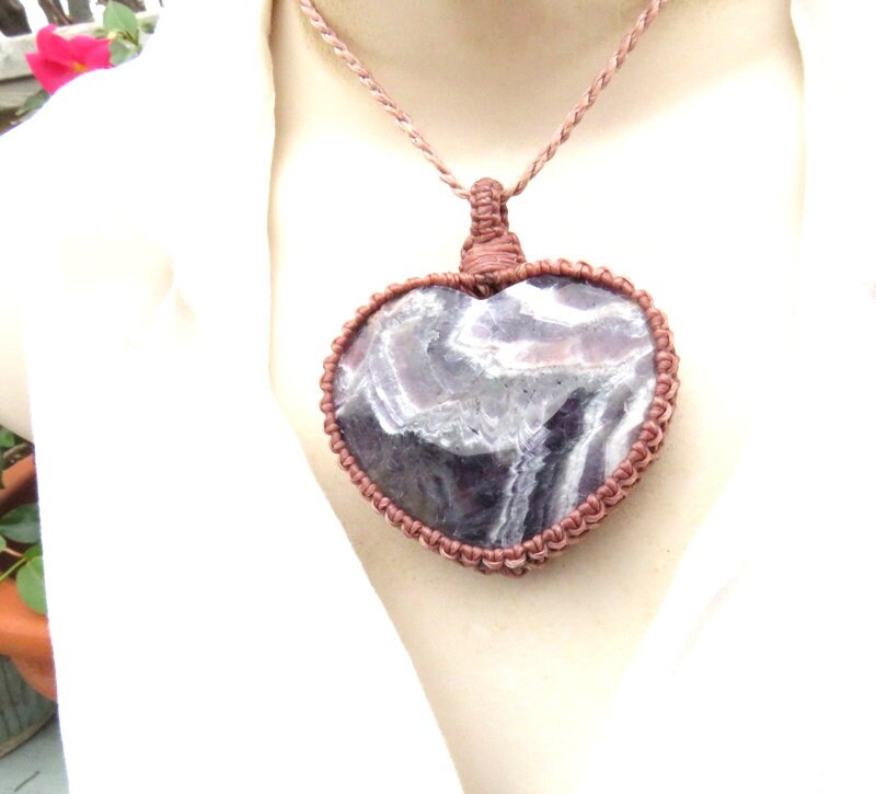 Amethyst necklace, heart shaped amethyst, gemstone jewelry, crystal jewelry, statement necklace, dream amethyst, chevron amethyst, macrame