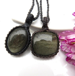 Silver Sheen Obsidian necklace set | Golden Obsidian pendant | Handmade layered necklace | gift for dad | gift for mom | Macrame jewelry