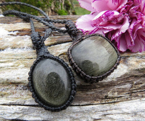 Silver Sheen Obsidian necklace set | Golden Obsidian pendant | Handmade layered necklace | gift for dad | gift for mom | Macrame jewelry