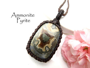 Ammonite Pyrite Macrame necklace, pyrite necklace, mens gift, fossil rocks, ammonite fossil, husband gift, father gift, mother gift macrame