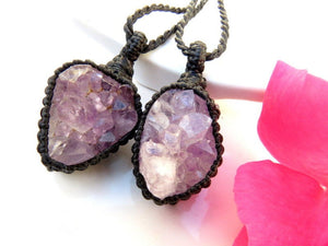 Gifts for her, Amethyst druzy crystal necklace set, purple amethyst druzy, purple crystal jewelry, celestial gift ideas, macrame necklace