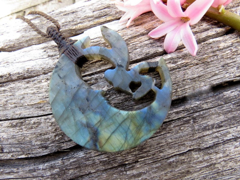 Fairy Moon Labradorite carving necklace, fairy necklace, moon necklace, rainbow labradorite, fairy theme jewelry, moon theme jewelry