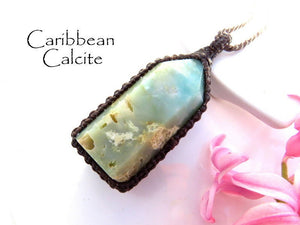 Green Calcite crystal point macrame necklace, caribbean calcite jewelry, caribbean calcite pendant, beach theme accessories, calcite jewelry