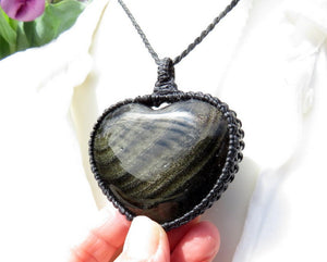 Golden Sheen Obsidian necklace obsidian jewelry valentines day handmade great gift ideas with meaning gold obsidian macrame necklace