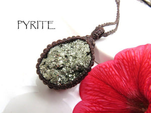 Pyrite Necklace, Pyrite druzy necklace, Self-confidence crystals, Meditation crystals, Root Chakra crystals, Macrame necklace