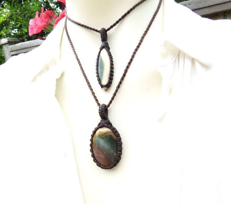 Polychrome Jasper Necklace Set / jasper jewelry / healing jewelry / macrame necklace / layered necklace set / polychrome jasper pendant
