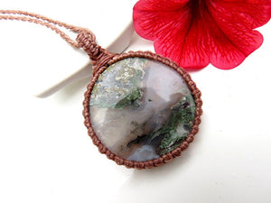 Moss Plume Agate necklace, Moss Agate necklace, Plume Agate, Agate jewelry, gray, pendant necklace, stone pendant, macrame necklace
