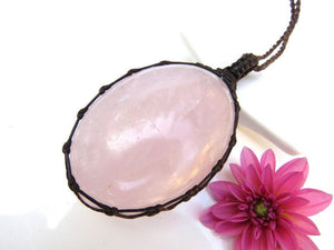 Large Rose Quartz macrame necklace, Self-Love gifts, Compassion gifts, Heart chakra necklace, Macrame jewelry, rose quartz healing crystal